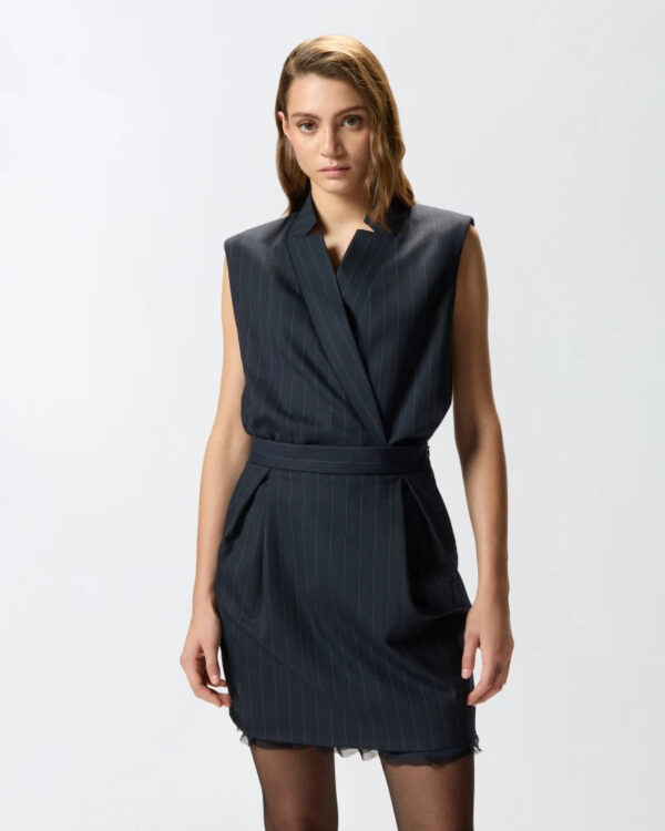 Sleeveless short dress in pinstripe poly wool