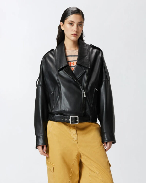 Nappa leather biker jacket with belt