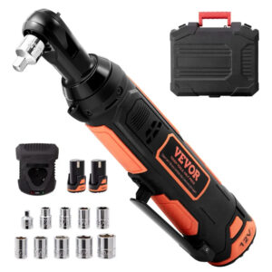 VEVOR 3/8″ Cordless Electric Ratchet Wrench Set – 12V 33 ft-lb, 2 Batteries, Fast Charge, LED Light, 10 Sockets